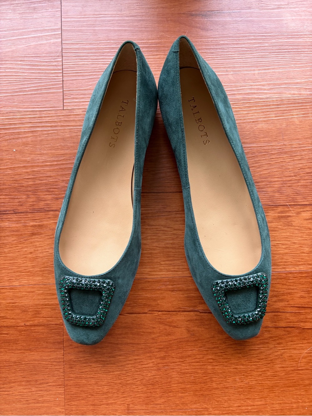 Talbots Dark Green Suede Jeweled Buckle Flats